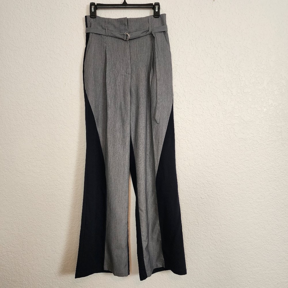NWT Commense High-Waist Wide-Leg Panel Pants with Belt Grey and Black Neutral